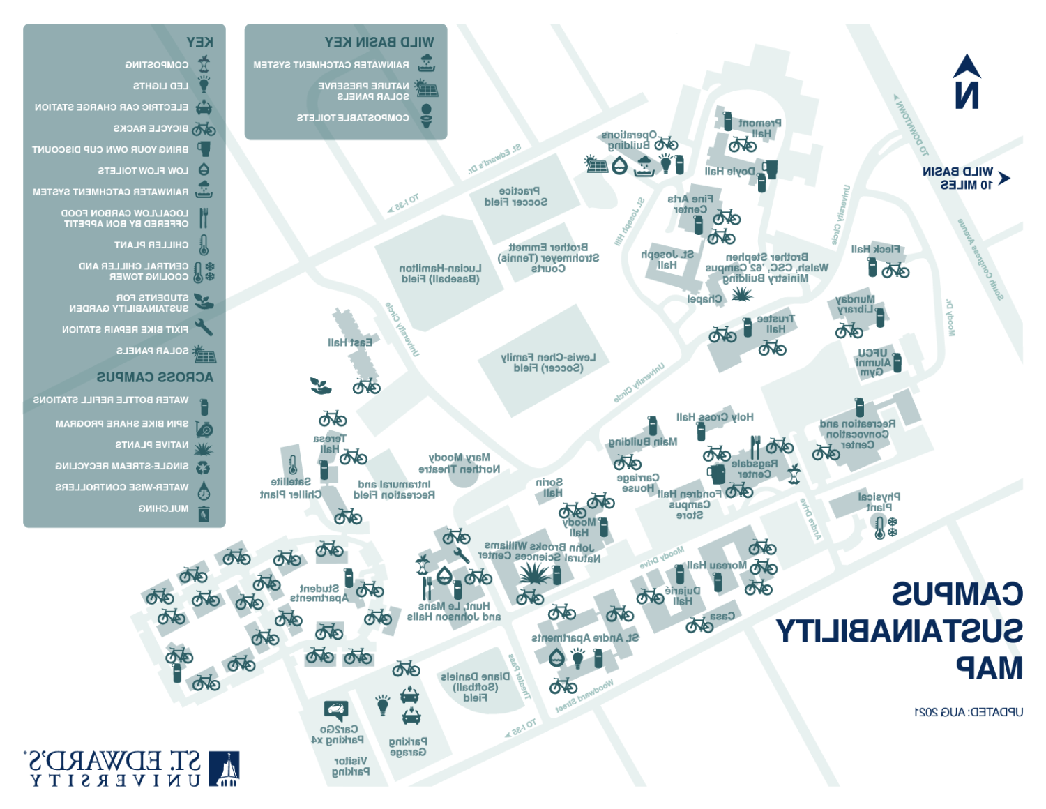 The image titled "Campus Sustainability Map" for St. Edward's University (dated August 2021) features various sustainability initiatives and features on the campus. Symbols represent composting toilets, bike racks, water bottle filling stations, solar panels, and more.